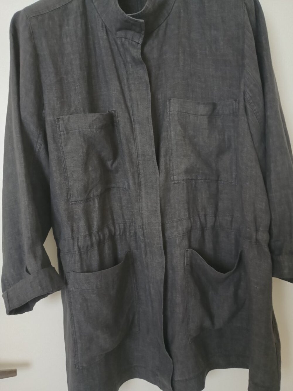 Eileen Fisher organic linen stand color grey color jacket M.